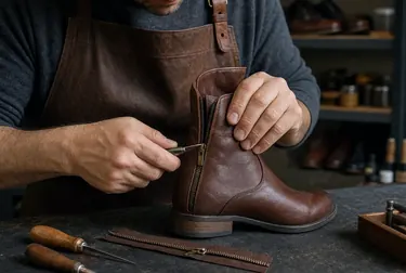 Profissional consertando zíper de bota.