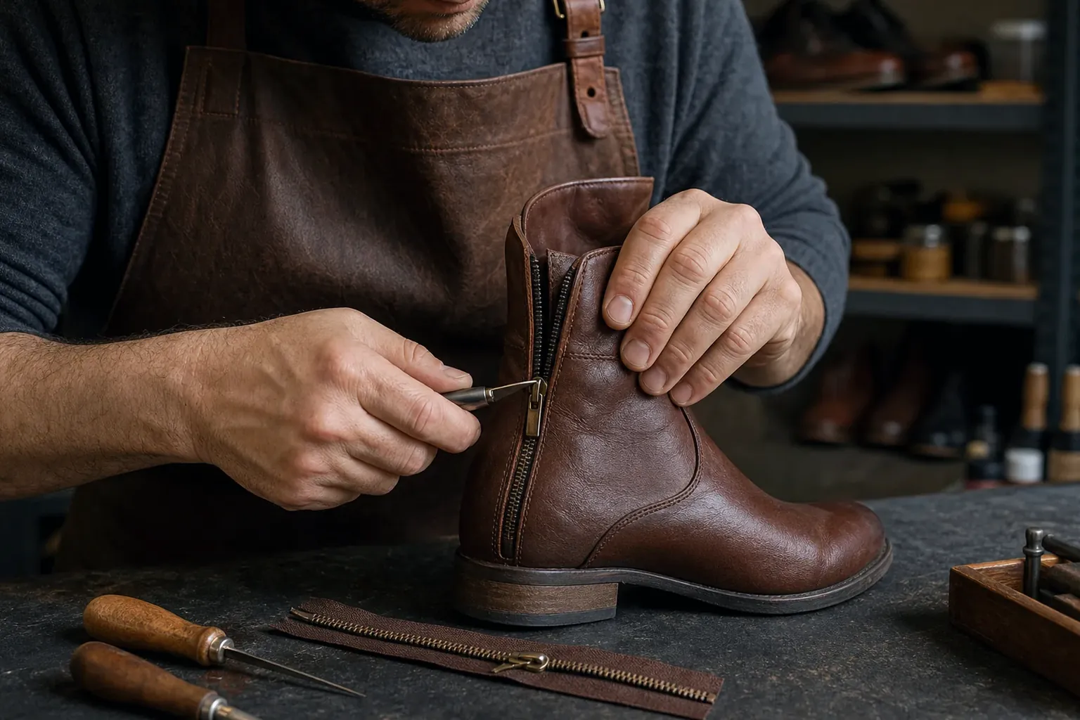 Profissional consertando zíper de bota.
