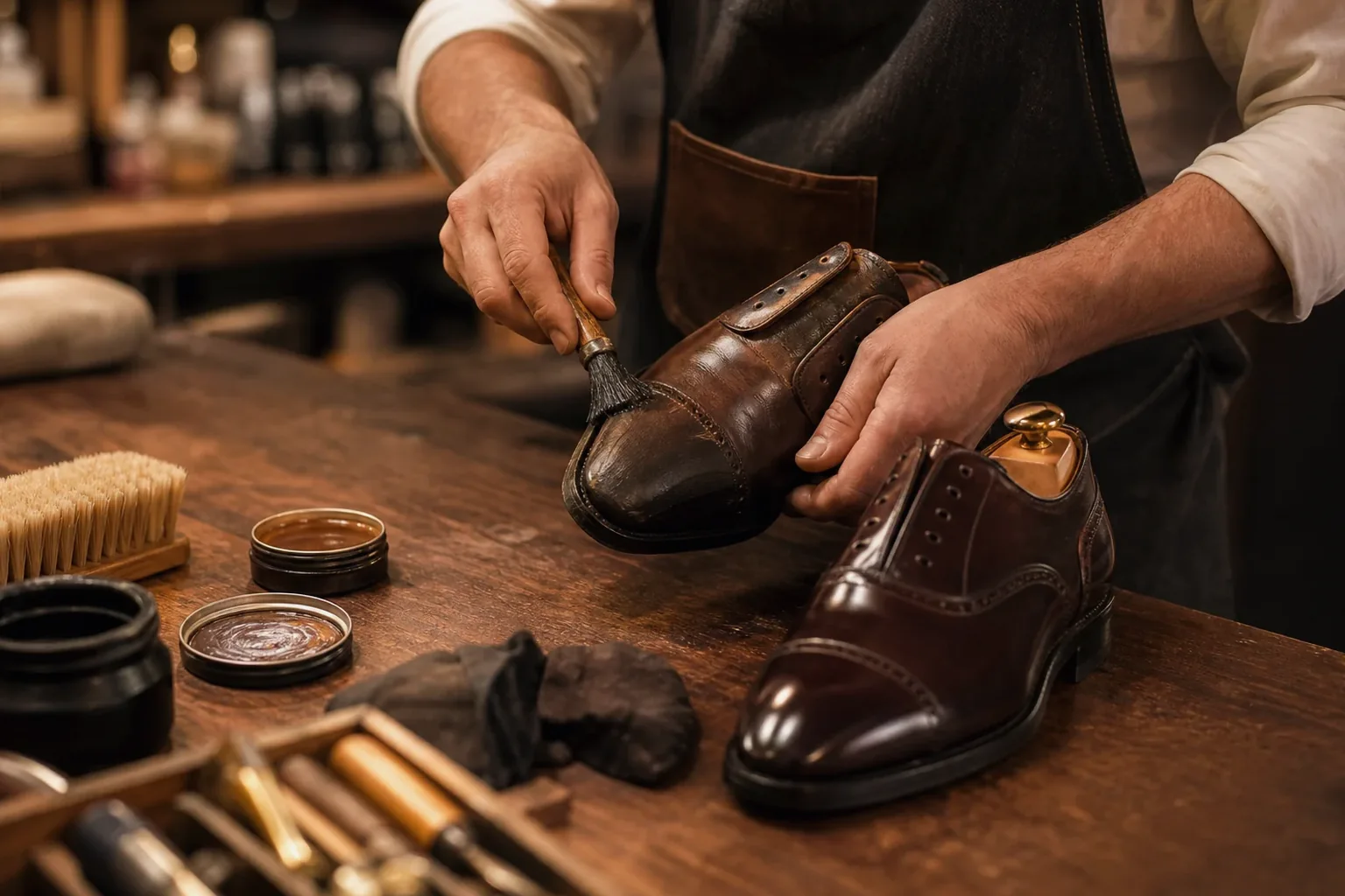 Sapateiro reformando sapatos sociais.
