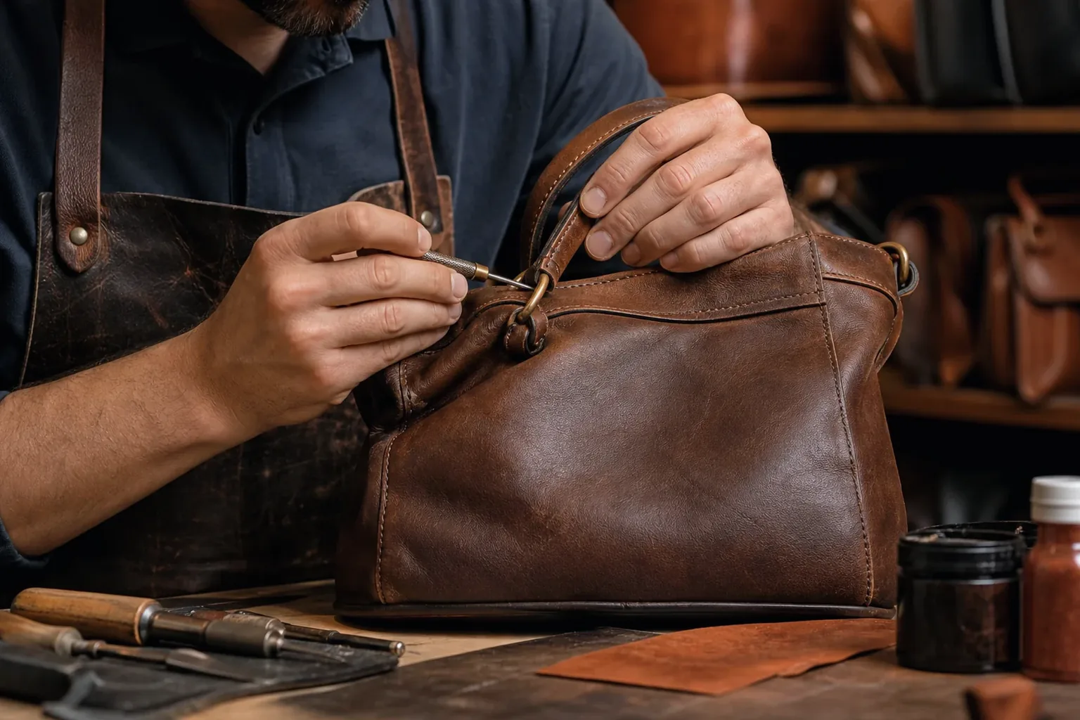 Técnico realizando reforma em bolsa de couro.